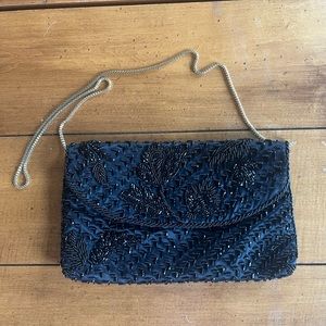 Andre Cellini vintage beaded satin lined purse, black with gold chain handle.